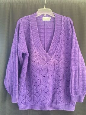 Vintage 80’s Christie & Jill Purple V-Neck Eyelet Cable Sweater